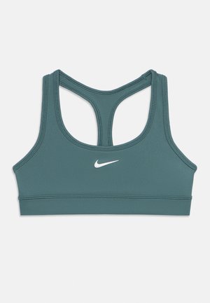 Reggiseno sportivo Nike turchese con design a schiena a racerback e logo Nike bianco centrato sul davanti.
