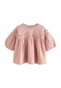 Rosa Oberteil mit Puffärmeln und gerafftem Design. Hergestellt aus leichtem Stoff mit weicher Textur und elastischen Akzenten an den Ärmelbündchen.