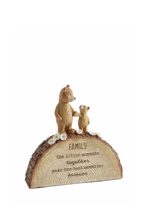 Two brown bear figurines holding hands stand on a half log with white flowers and a family quote engraved on it.