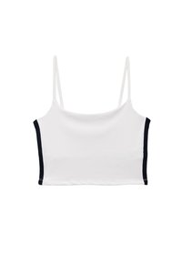 Hvid cropped top med tynde stropper, udstyret med mørk marineblå sideaccenter, lavet af glat stof, med en enkel lige søm.