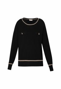 Maglione nero caratterizzato da un tessuto a maglia testurizzato, due tasche frontali con accenti metallici e un bordo argentato a contrasto attorno al collo e all'orlo.