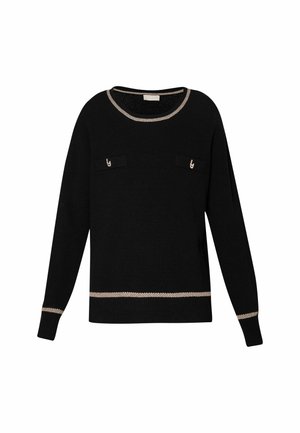 Maglione nero caratterizzato da un tessuto a maglia testurizzato, due tasche frontali con accenti metallici e un bordo argentato a contrasto attorno al collo e all'orlo.