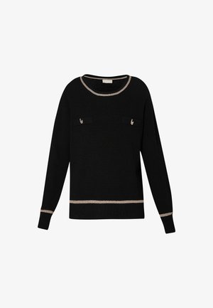 Maglione nero caratterizzato da un tessuto a maglia testurizzato, due tasche frontali con accenti metallici e un bordo argentato a contrasto attorno al collo e all'orlo.
