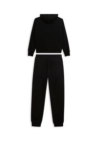 Sudadera negra con capucha y pantalones deportivos a juego. Ambas prendas tienen puños elásticos y un ajuste relajado, hechas de un tejido suave y texturizado.