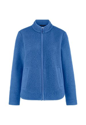 Blaue Fleecejacke mit Reißverschluss, langen Ärmeln, Stehkragen und Fronttaschen, gefertigt aus strukturiertem, weichem Stoff.