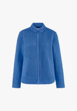 Blaue Fleecejacke mit Reißverschluss, langen Ärmeln, Stehkragen und Fronttaschen, gefertigt aus strukturiertem, weichem Stoff.