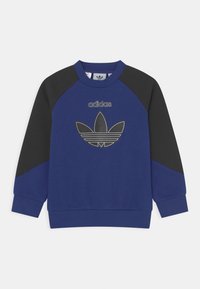 Felpa blu con maniche raglan nere, caratterizzata da un logo Adidas trefoil contornato in argento sulla parte anteriore. Realizzata in tessuto morbido con scollo rotondo.