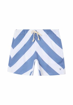 Bañador corto con rayas en zigzag azules y blancas y cintura ajustable beige con cordón, pequeño logo cerca del bajo.