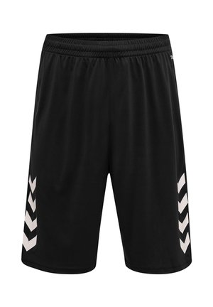 Sorte sportsshorts med elastisk linning og hvide chevronmønstre på siderne, vist på hvid baggrund.