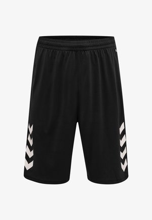 Sorte sportsshorts med elastisk linning og hvide chevronmønstre på siderne, vist på hvid baggrund.