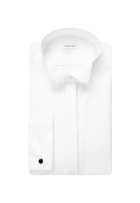 Weißes gefaltetes Hemd mit Haifischkragen und schwarzem Manschettenknopf am linken Ärmel, innen am Kragen mit "seidensticker" beschriftet.