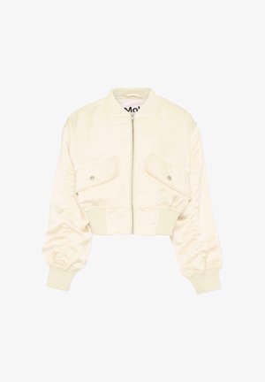Roomkleurig cropped bomberjack met een ritssluiting aan de voorkant, twee klepzakken met drukknoopsluiting en gerimpelde lange mouwen met geribde manchetten.
