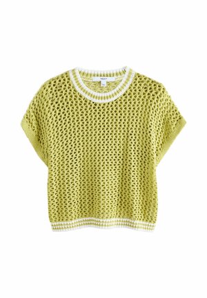 Light green short-sleeve crochet knit top with white striped round neckline and hem, labeled NEXT.