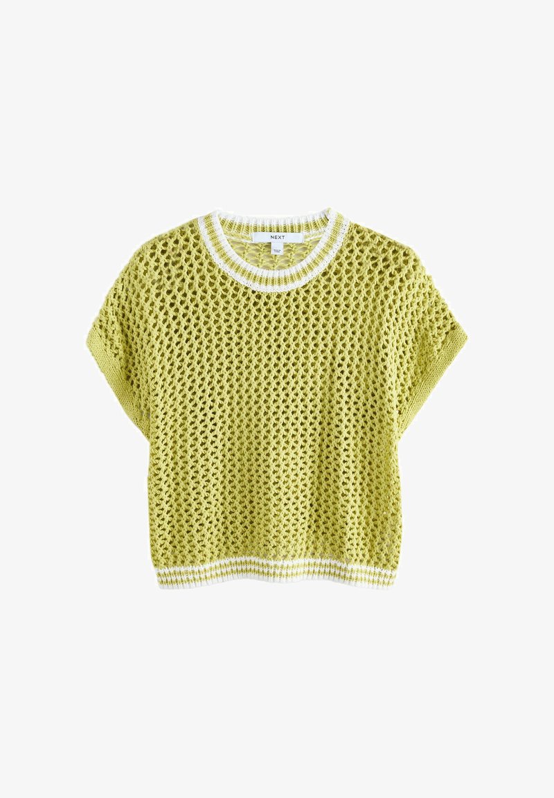 Top corto a maniche corte in maglia crochet verde chiaro con scollo tondo a righe bianche e orlo, etichettato NEXT.