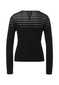 Schwarzes Langarmshirt mit transparenten horizontalen Streifen auf dem Rücken. Verfügt über einen runden Ausschnitt und einen geraden Schnitt.