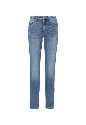 Skinny jeans in medium blue denim met subtiele wassing, vijf zakken, een ritssluiting en contrasterende stikseldetails. Geweven oppervlakte overal.