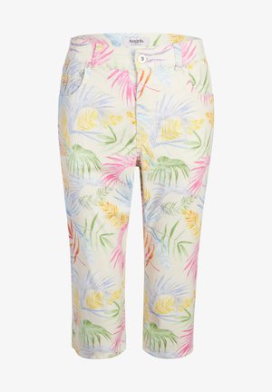 Pantaloni capri color beige chiaro con una stampa di foglie tropicali colorate in rosa, verde, blu e giallo. Comprendono tasche frontali e una chiusura con bottone.