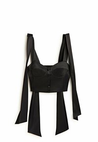 Black corset top made of smooth fabric, featuring a sweetheart neckline, structured cups, front buttons, and long satin ribbon straps.
