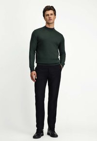 Dunkelgrüner, langärmeliger Pullover mit hohem Kragen; kombiniert mit schwarzen, maßgeschneiderten Hosen und schwarzen Schuhen; glattes Material und körperbetonter Schnitt.