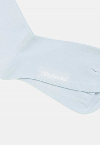 Jasnoniebieskie skarpetki bawełniane z prążkowaną fakturą i wzmocnionym palcem. Na boku znajduje się napis "DillySocks" wydrukowany na biało.