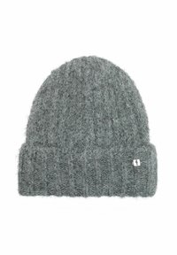 Zimowa czapka dziana w jasnoszarym kolorze z miękką, puszystą teksturą. Posiada podwinięty ściągacz oraz małą metkę z logo po boku.