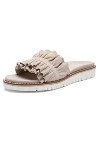 Beige slidesandal med rynket stofrem, polstret fodseng, brun kant og hvid ribbede gummisål.