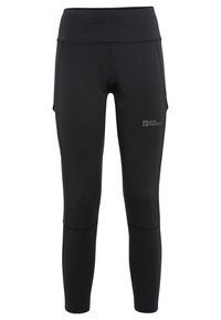 Zwarte leggings van rekbaar materiaal met een hoge tailleband, voorzien van zijzakken en een logodetail op de bovenbeen. Soepele textuur en aansluitend ontwerp.