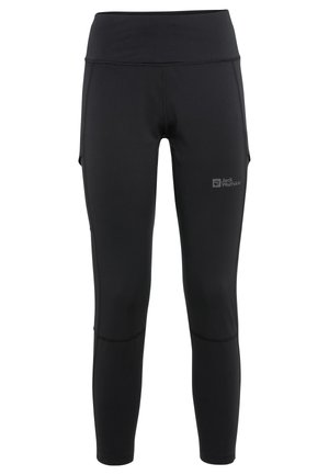 Black leggings made of stretch material with a high waistband, featuring side pockets and logo detail on the thigh. Smooth texture and fitted design.
