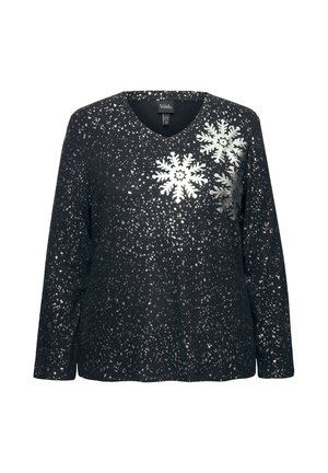Mustassa V-poolopaidassa on pitkät hihat, jossa on hopeanvärisiä lumihiutalesuunnitelmia ja pilkullinen kuvio kankaan pinnalla.