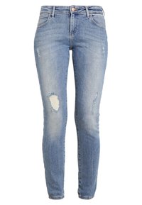 Vaqueros de denim azul ajustados con detalles desgastados, ligera decoloración y roturas. Cuenta con cinco bolsillos y un cierre de botón único.