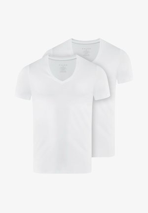 Zwei weiße V-Ausschnitt-T-Shirts aus weichem Stoff, mit kurzen Ärmeln und geradem Saum. Markierung innen am Ausschnitt sichtbar.