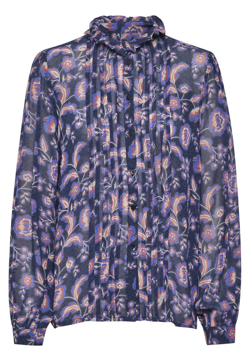 Bluzka z długim rękawem w granatowej, przezroczystej tkaninie z kwiatowym wzorem w kolorze pomarańczowym i fioletowym. Posiada falbaniaste wykończenie kołnierza oraz zapięcie na guziki z przodu.