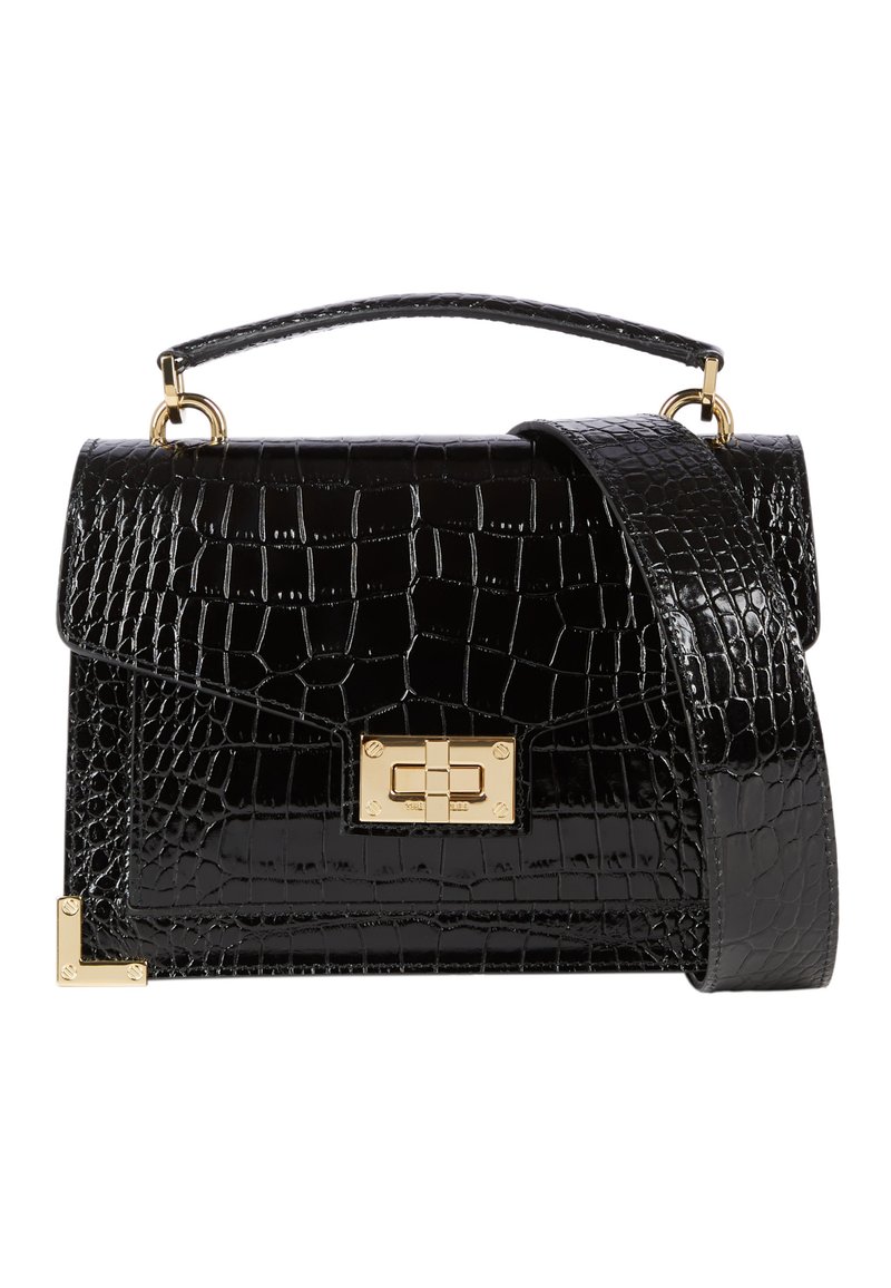 Borsa a tracolla nera in pelle verniciata con texture a coccodrillo, hardware dorato, manico superiore e una tracolla removibile. Forma rettangolare con chiusura a patta.