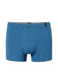 Blue boxer briefs featuring a geometric grey pattern, soft fabric, elastic waistband, and a fitted design for comfort.