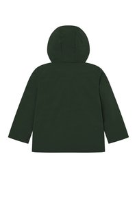 Mørkegrønn hettejakke, har en rett profil med lange ermer, glatt tekstur og en enkelt baklomme. Enkel design uten utsmykking.