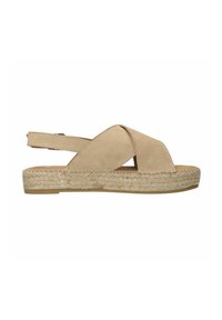 Beige suède sandaal met kruislussen, open teen en een elastische hielband. Heeft een gevlochten jute tussenzool en een platte rubberen buitenzool.