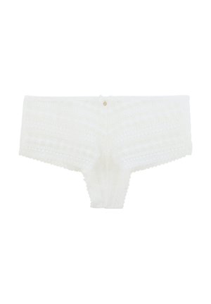 Culotte en dentelle blanche avec motif géométrique, bords festonnés et un petit accent doré à l'arrière. Matériau doux et délicat.