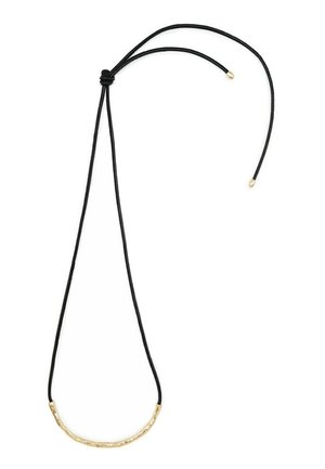 Black adjustable cord necklace with a textured curved gold bar pendant and gold end caps on a white background.