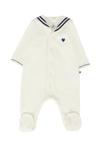 Romper bianco in stile marinaio con colletto a righe blu navy, bottoni frontali, ricamo a forma di cuore e design con piedi per neonati. Tessuto morbido.