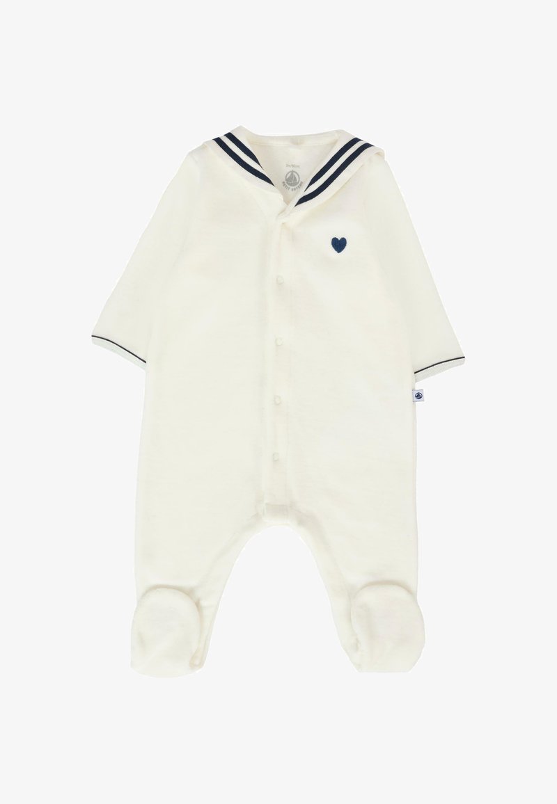 Romper bianco in stile marinaio con colletto a righe blu navy, bottoni frontali, ricamo a forma di cuore e design con piedi per neonati. Tessuto morbido.