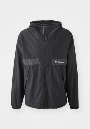 Black Columbia jacket with a zip closure, adjustable hood, and elastic cuffs. Features a grey horizontal accent panel on the chest.