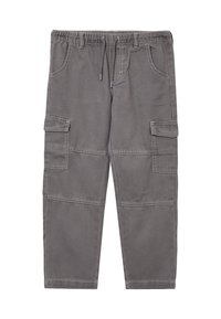 Pantaloni cargo grigi con elastico in vita, cordino, due tasche frontali e due tasche cargo laterali. Realizzati in un tessuto durevole con cuciture rinforzate.