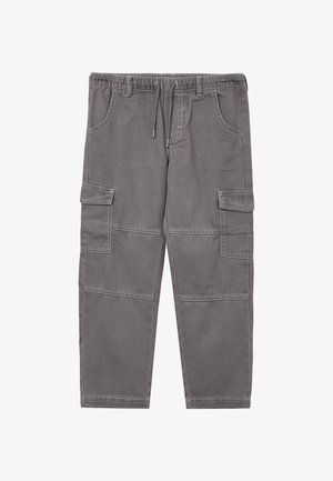 Pantaloni cargo grigi con elastico in vita, cordino, due tasche frontali e due tasche cargo laterali. Realizzati in un tessuto durevole con cuciture rinforzate.
