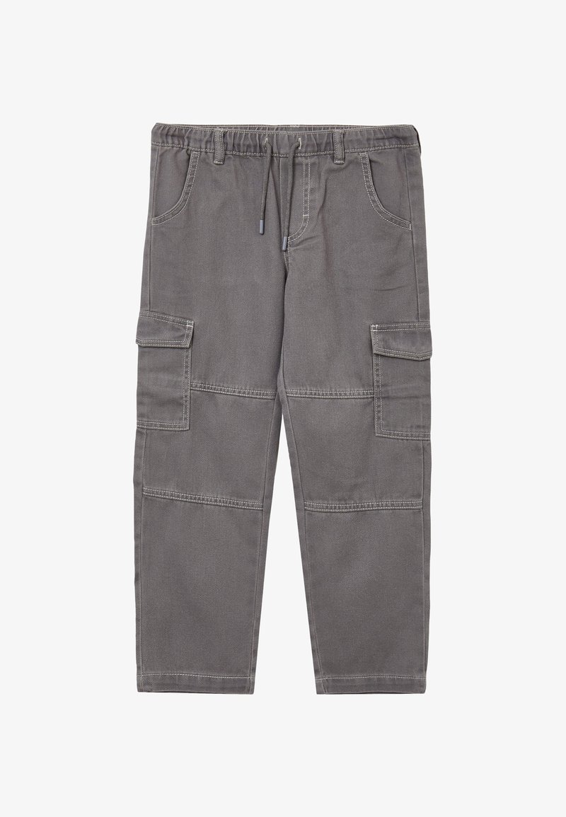 Pantaloni cargo grigi con elastico in vita, cordino, due tasche frontali e due tasche cargo laterali. Realizzati in un tessuto durevole con cuciture rinforzate.