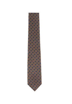 Bruine stropdas met een herhalend blauw en beige cirkelpatroon gelijkmatig verdeeld over de stof.