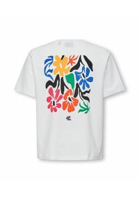 Hvid t-shirt med korte ærmer, der har et farverigt blomstermotiv i sort, blå, orange, rød og grøn på ryggen, med et logo forneden.