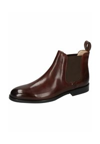 Bottine en cuir marron avec une finition lisse, des panneaux latéraux élastiques et une languette à l'arrière. Bout arrondi et design minimaliste.