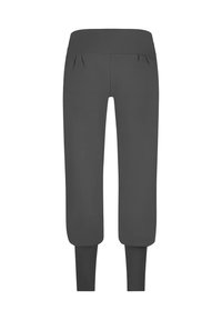 Dunkelgraue, schmal zulaufende Jogginghosen mit einem breiten Bund und enganliegenden Knöchelabschlüssen, von hinten auf einem weißen Hintergrund gezeigt.