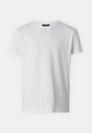 Bela majica s kratkimi rokavi in okroglim izrezom, izdelana iz bombaža z gladko teksturo. Ima oznako na ovratniku. Preprost, enostaven dizajn.