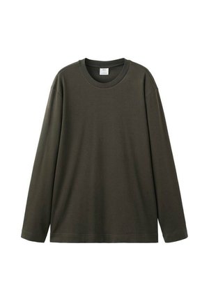 Majica s dugim rukavima od tamno maslinasto zelene pamučne tkanine, s okruglim izrezom vrata i opuštenim krojem, bez vidljivih uzoraka ili naglasaka.
